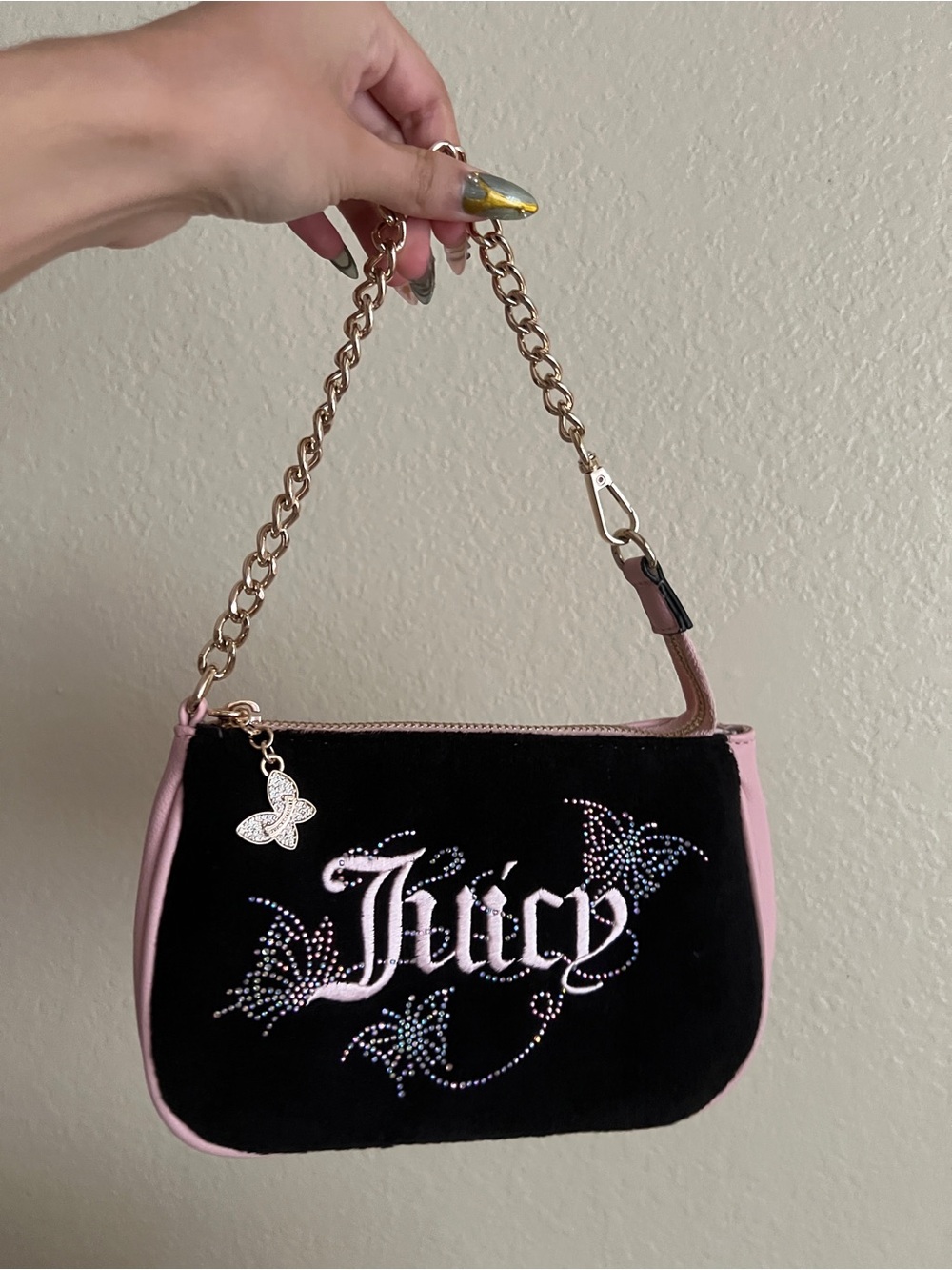 Juicy Couture Black Velvet Mini Bag with Pink Trim and Rhinestone Logo